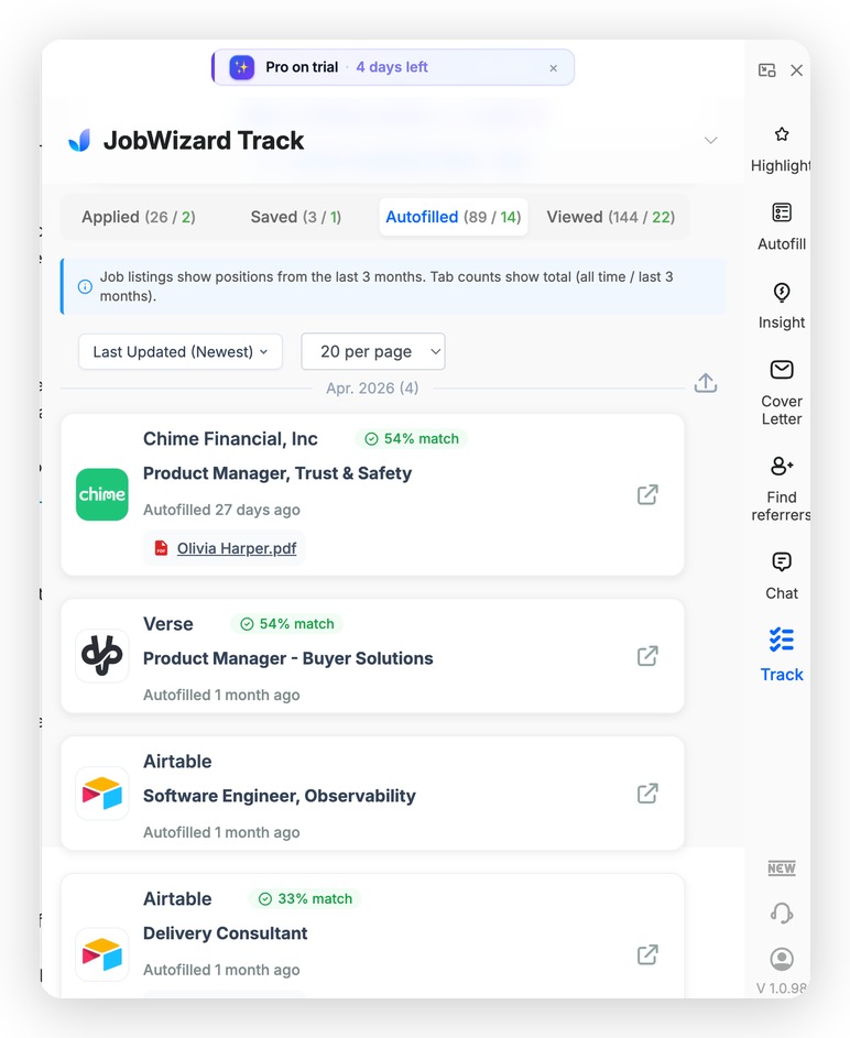 JobWizard Track panel showing Applied, Saved, Autofilled, and Viewed counts with recent applications