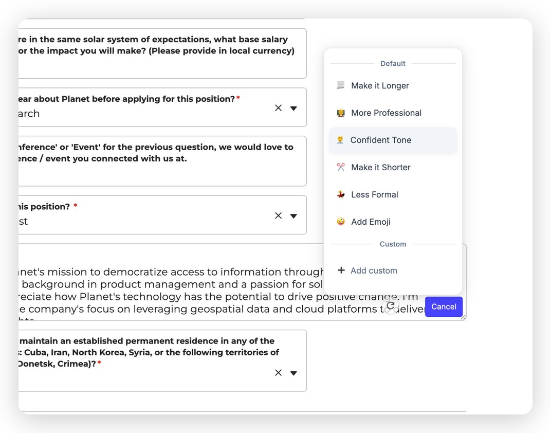 JobWizard tone adjustment options — Make it Longer, More Professional, Confident Tone, Make it Shorter, Less Formal, Add Emoji, Custom