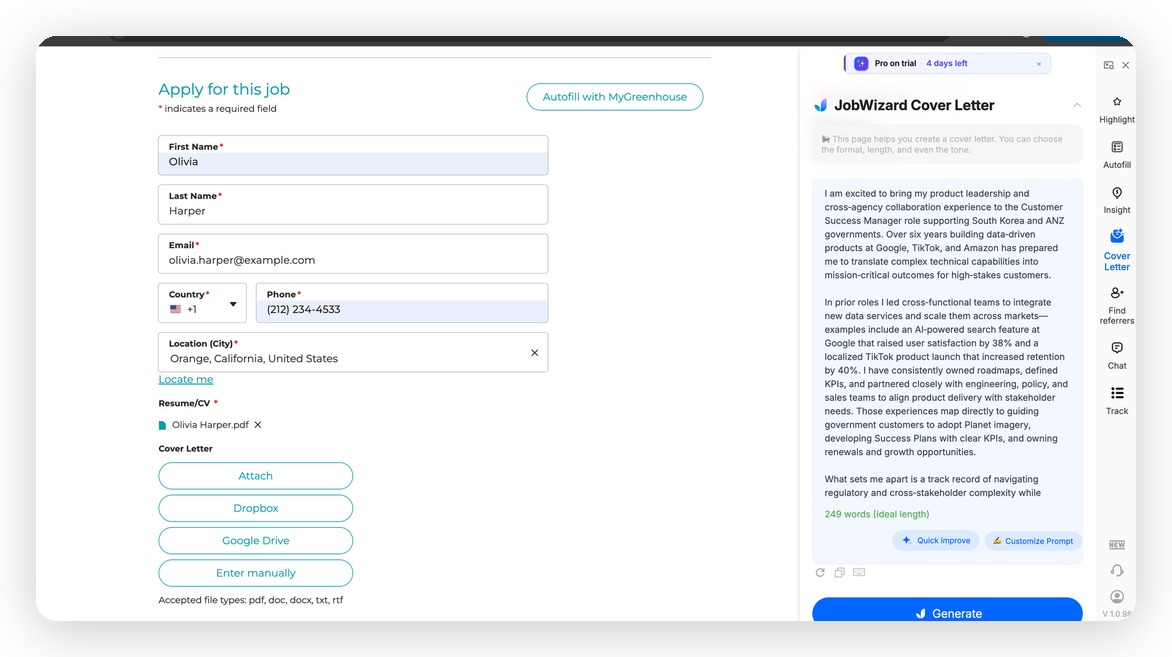 JobWizard Cover Letter panel — generates a tailored cover letter in the sidebar next to the application form