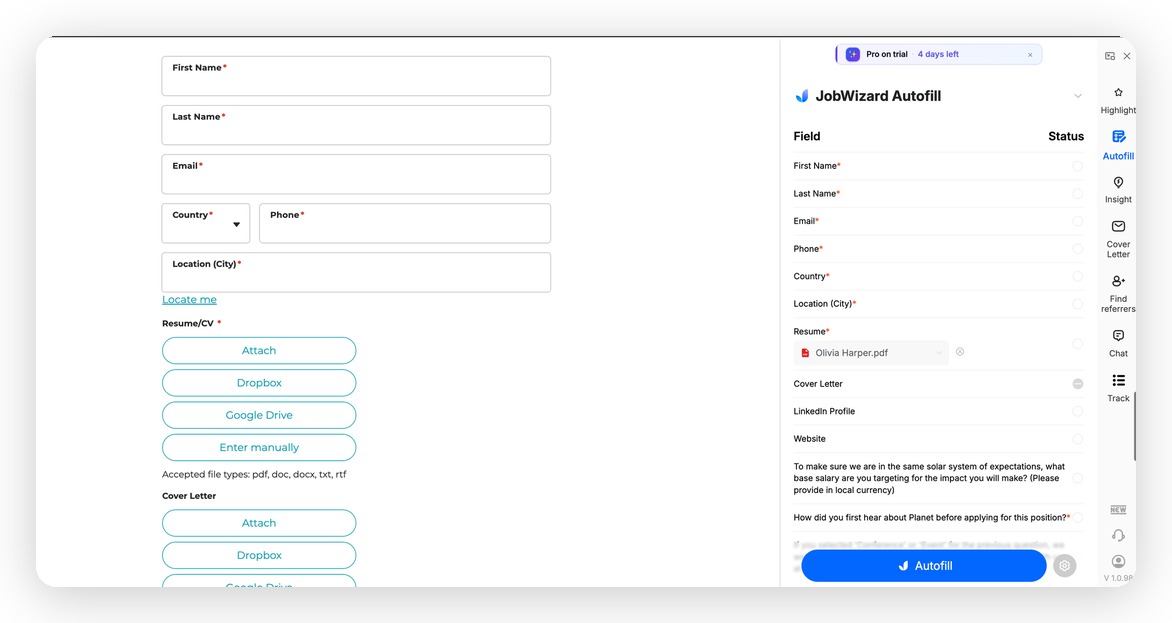 JobWizard Autofill panel showing field mapping — First Name, Last Name, Email, Phone, Country, Location, Resume — with the blue Autofill button