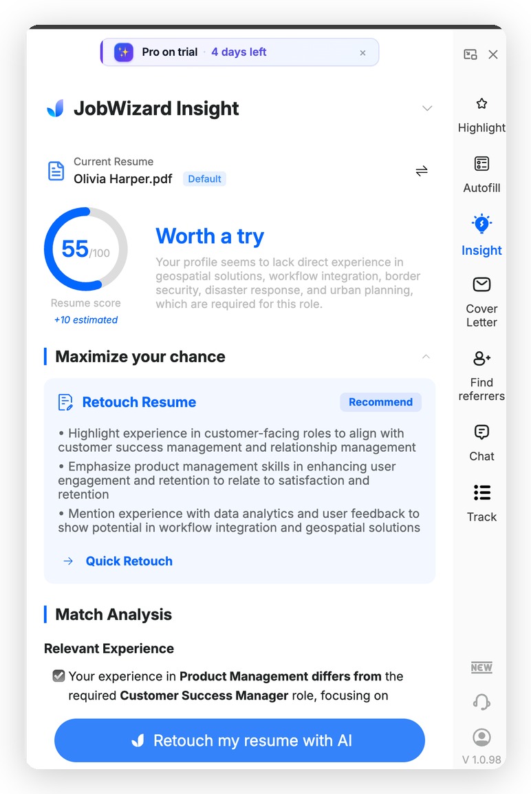 JobWizard Insight panel showing a 55/100 resume match score with Retouch Resume recommendations and Match Analysis
