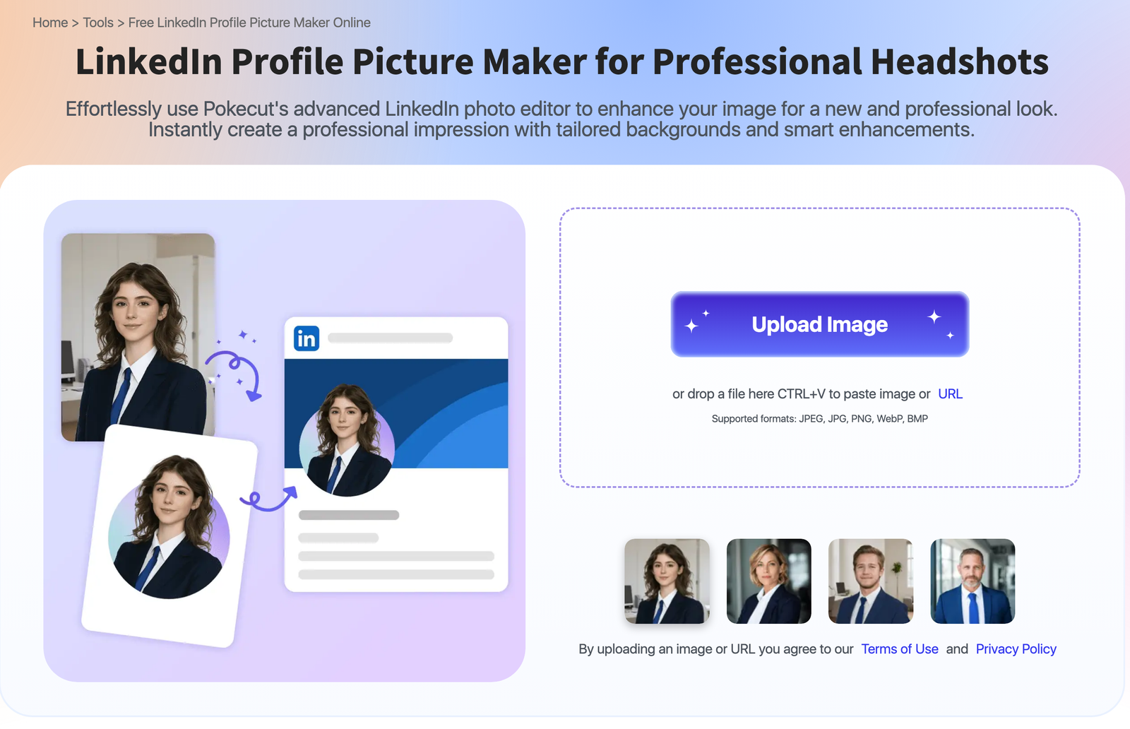Pokecut LinkedIn profile picture maker turning a casual photo into a professional LinkedIn headshot
