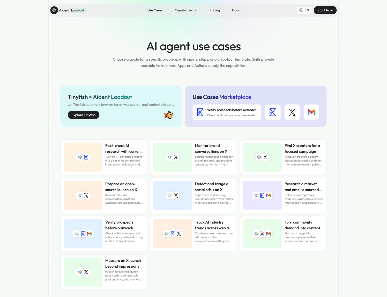 Aident Loadout use-case library listing packaged agent workflows such as fact-checking research, monitoring conversations, and verifying prospects before outreach