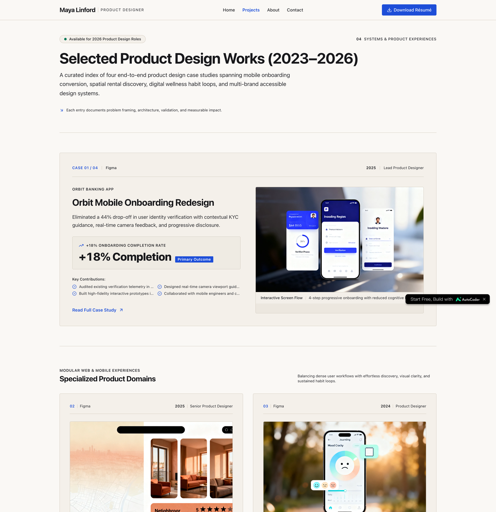 The Projects page of the portfolio, listing four case studies each with a problem statement, key contributions, and a headline metric