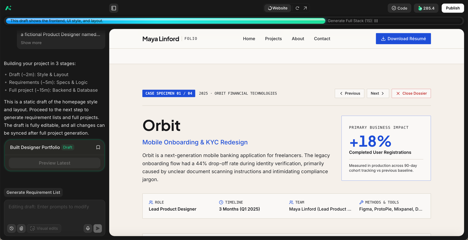AutoCoder generating the portfolio project, showing the draft stage with a case study page already laid out