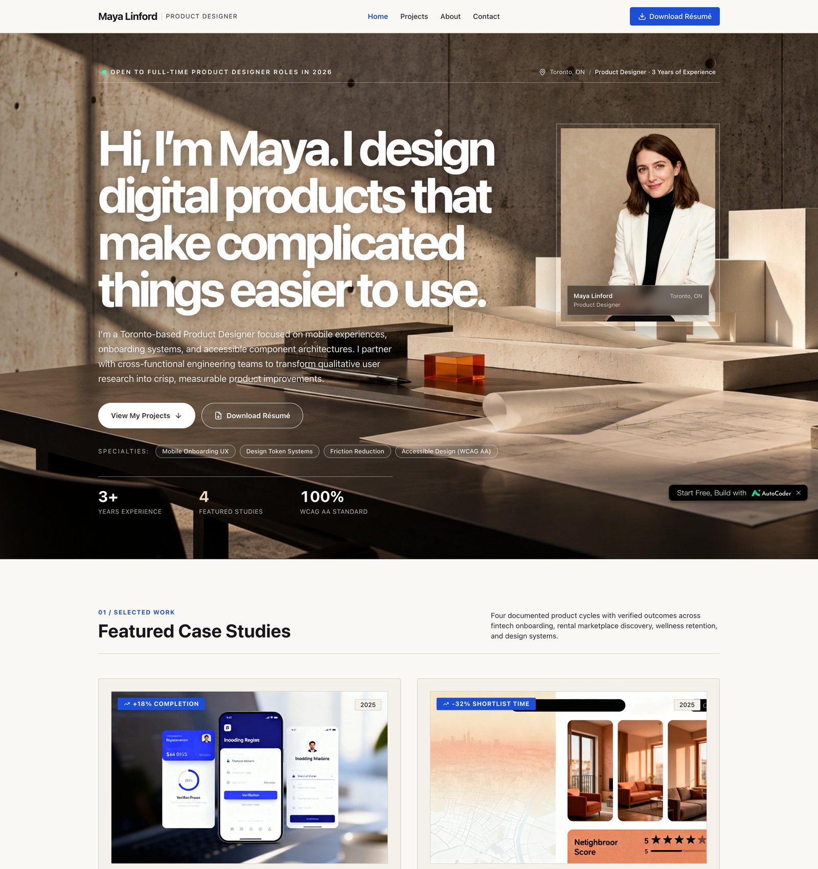 Home page of a product designer portfolio website showing the target role, a short introduction, and four featured case study cards