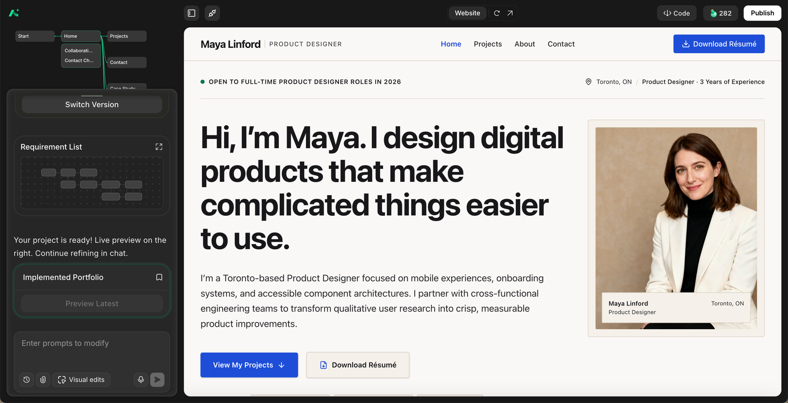 AutoCoder editor showing the completed portfolio home page in the live preview panel