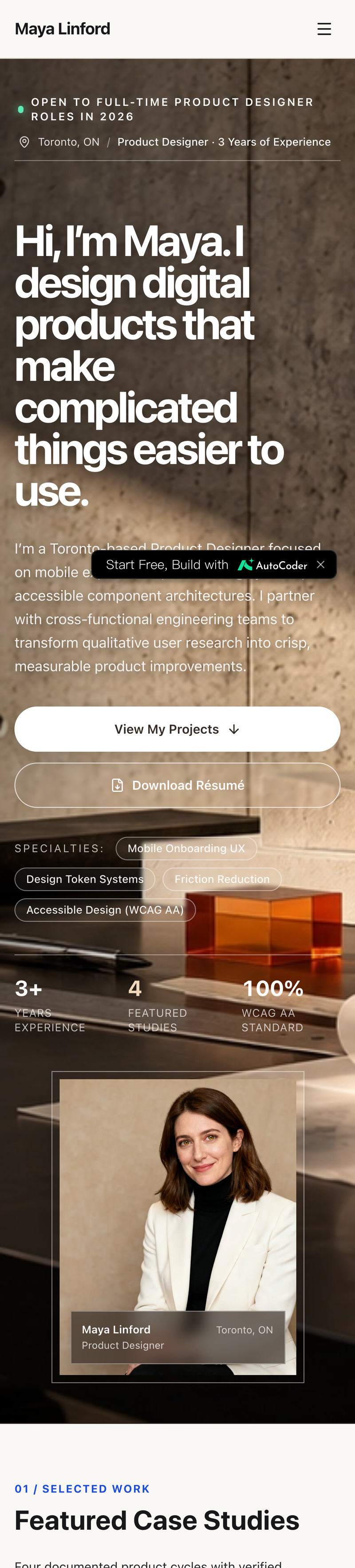 The portfolio home page rendered on a phone, with the headline, introduction, buttons, and project cards stacked in one column