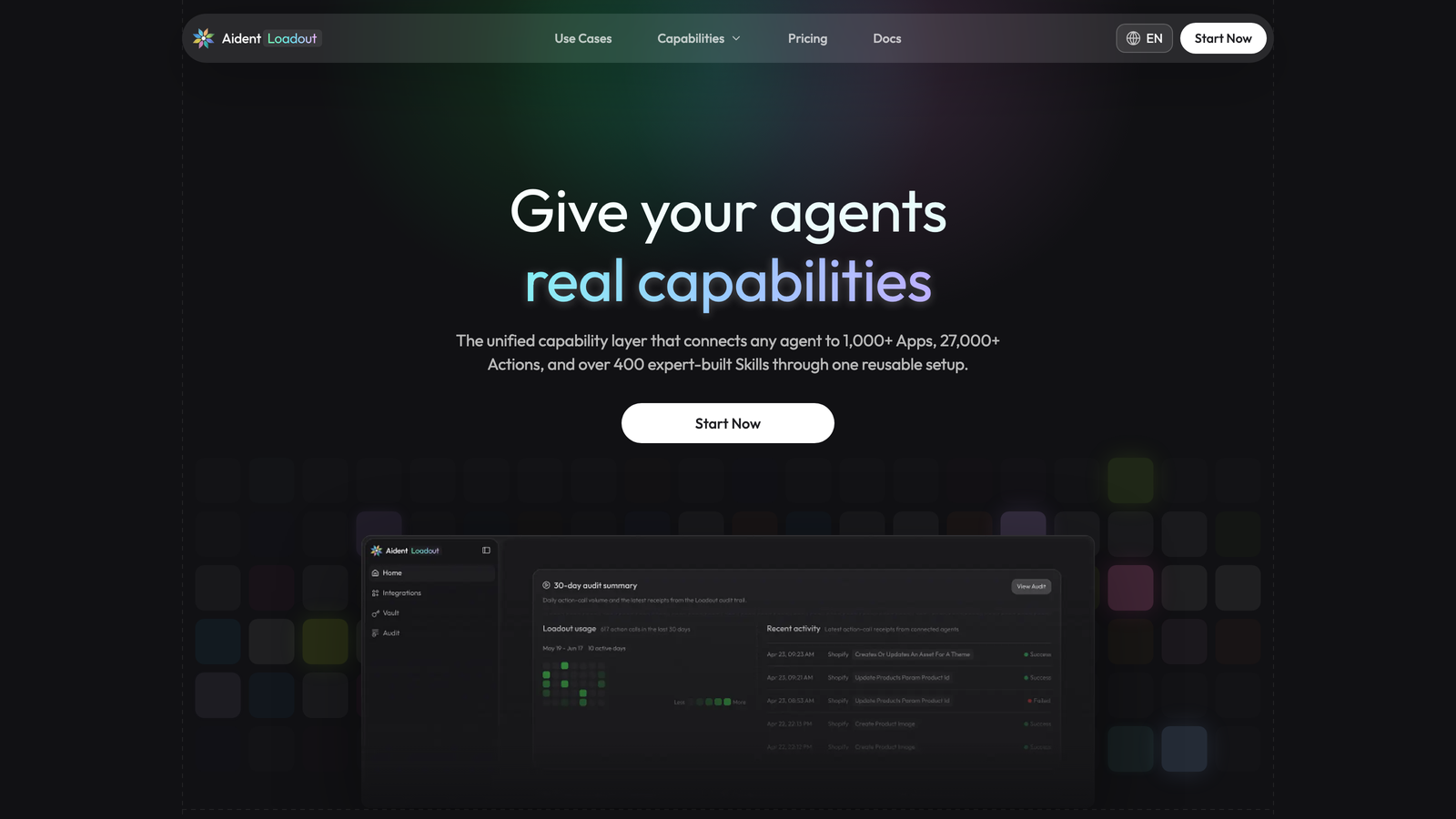 Aident Loadout dashboard showing connected tools and a 30-day audit summary of agent action calls