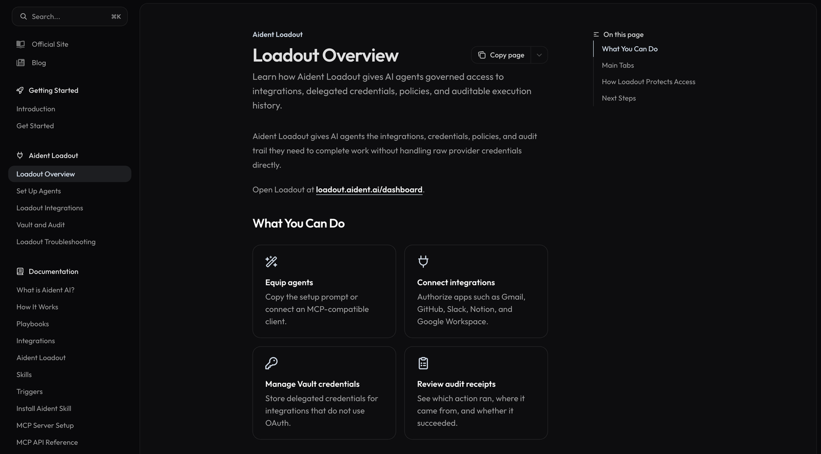 Aident Loadout documentation overview: equip agents, connect integrations, manage vault credentials, and review audit receipts